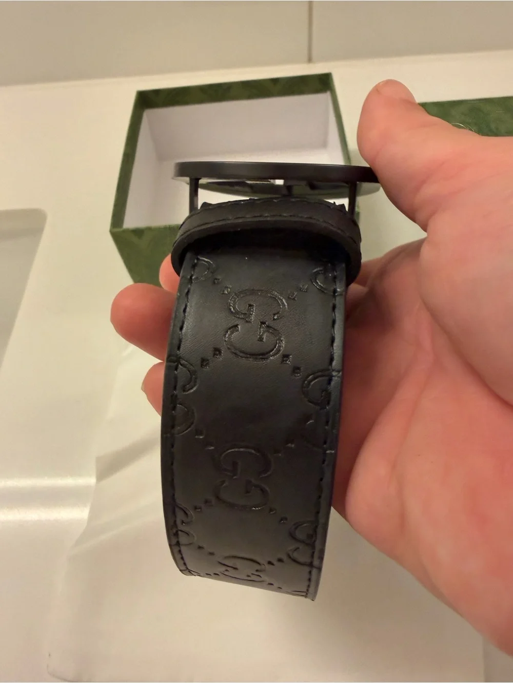 Gucci Black Embossed GG Leather Belt with Matte Black Double G Buckle